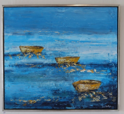 Maleri af Lars Bollerslev med titlen "Både ved havet". Påskeudstilling 2022 Kunstforeningen Limfjorden