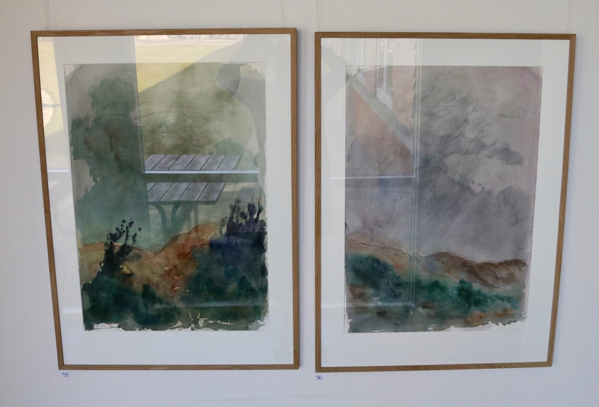 Akvareller af Jens Mathiesen med titlen "Landskab". Påskeudstilling 2022 Kunstforeningen Limfjorden